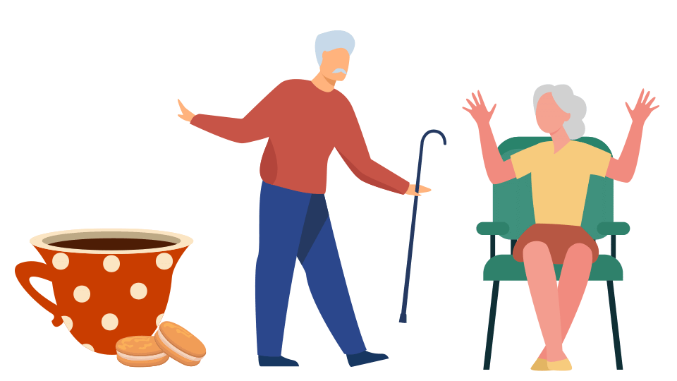 A cup of tea with biscuits along with two patients enjoying a gentle dance