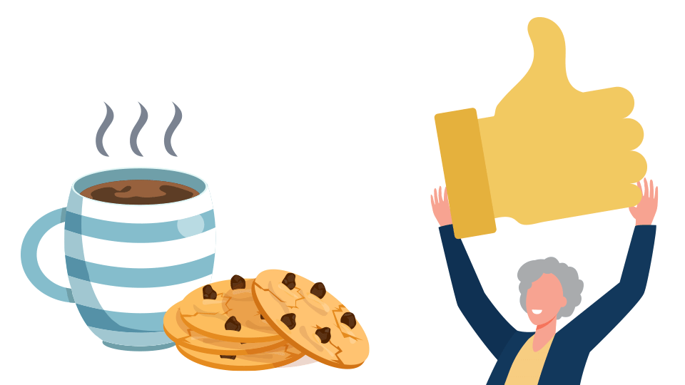 A brew and biscuits with a very happy patient holding a big thumbs up symbol