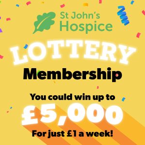 St John's Hospice Lottery logo with notice stating "You could win up to £5000 for just £1 a week!"