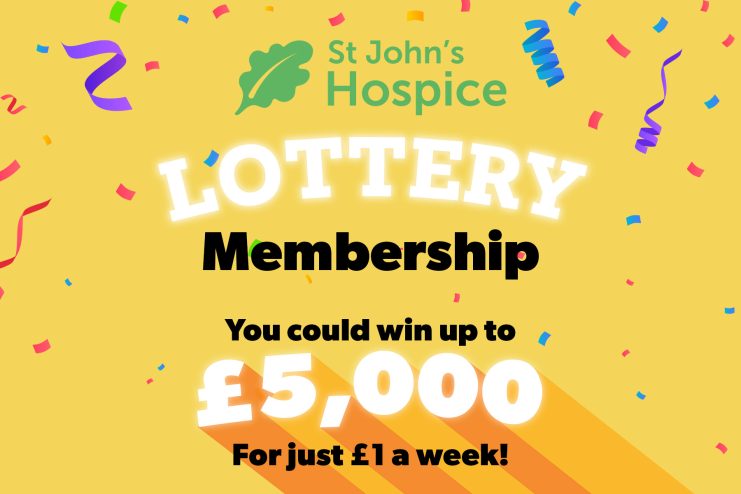 St John's Hospice Lottery logo with notice stating "You could win up to £5000 for just £1 a week!"