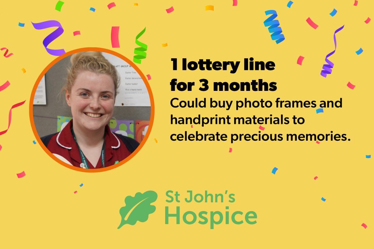 Photo of Health Care Assistant and notice stating "1 lottery line for 3 months Could buy photo frames and handprint materials to celebrate precious memories."
