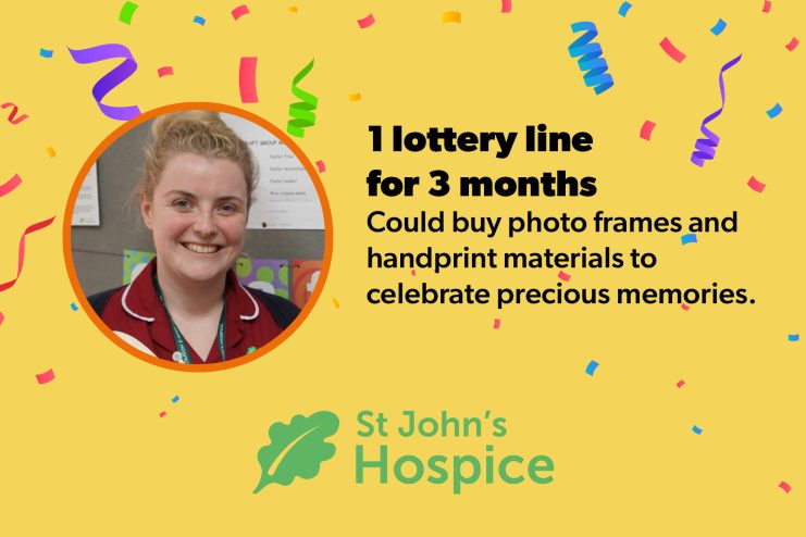 Photo of Health Care Assistant and notice stating "1 lottery line for 3 months Could buy photo frames and handprint materials to celebrate precious memories."