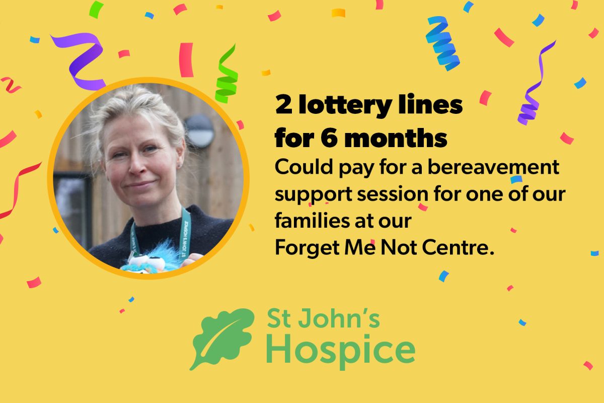 Photo of Family Support Practitioner with notice stating "2 lottery lines for 6 months Could pay for a bereavement support session for one of our families at our Forget Me Not Centre.!