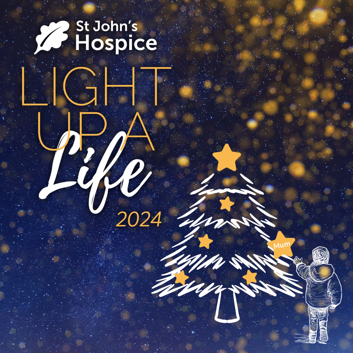 Light Up A Life 2024. A bright winter sky hold the image of a Christmas Tree and a child placing a star in its branches in memory of his Mum.