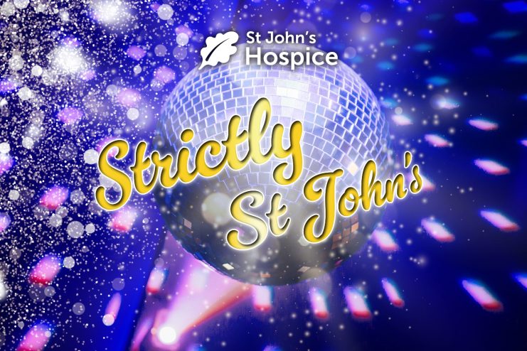 Strictly St John's logo with a shining glitter ball with many sparkles and light rays.